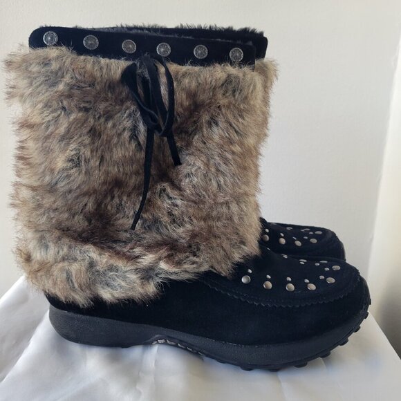 Bass Kodiak Women's 10 Medium Wedge Black Suede Leather Faux Fur Kneehigh Boots - Picture 10 of 12